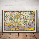 Viejo mapa de Liverpool, 1934 de GH Parry - Gráfico de la ciudad pictórica - Mersey, muelles, parques, edificios antiguos