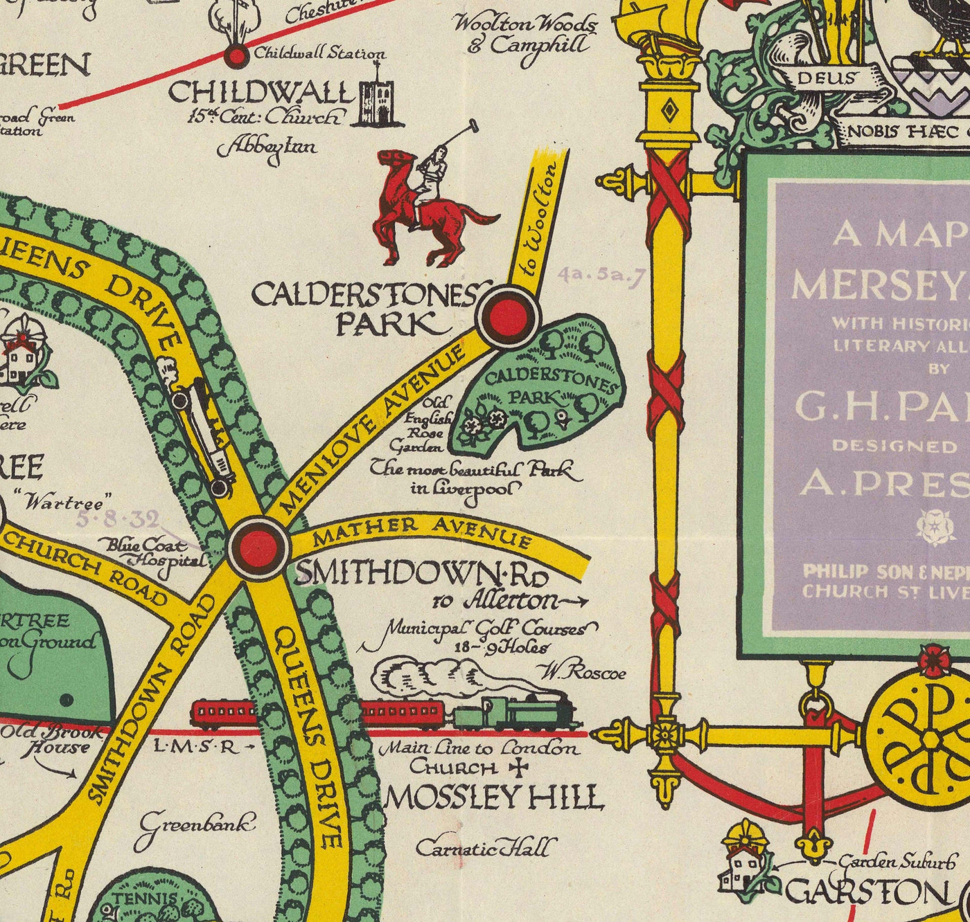 Old Map of Liverpool, 1934 by GH Parry - Pictorial City Chart - Mersey, Docks, Parks, Old Buildings