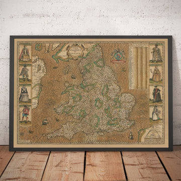 Old Map of England & Wales by John Speed, 1611 - Rare Handcoloured Chart of the "Kingdome of England"