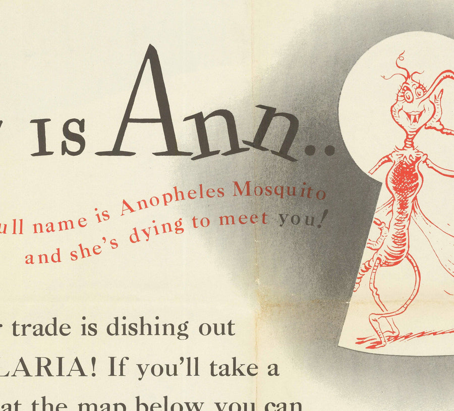 Old World Map by Dr. Seuss, 1943 - US Army Malaria Wall Chart from World War 2