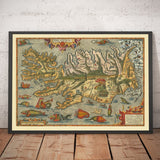 Rare ancienne carte d'Islande par Ortelius, 1603 - Reykjavik, Keflavik, Volcans, Montagnes, Fjords, Glaciers, Monstres de la mer
