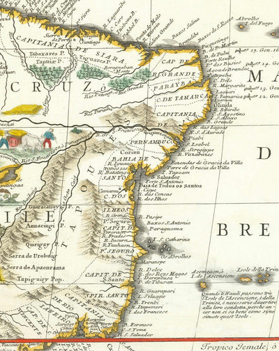 Old Map of South America by Coronelli 1690 - Brazil, Spanish Colonies, Peru, Paraguay, Venezuela, Magellanica, Amazon