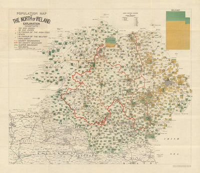 Old Map of Northern Ireland, Ulster in 1923 - Irish Free State, Anglo-Irish Treaty Population Chart
