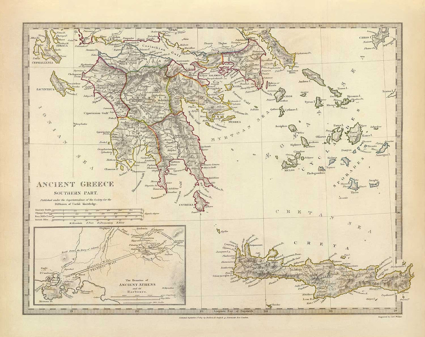 Old Map of Ancient Greece, 1829, by SDUK - Crete, Aegean, Athens, Arcadia, Attica, Cyclades, Zakynthos