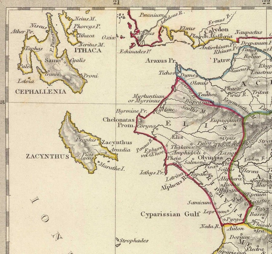 Mappa antica della Grecia, 1829, di SDUK - Creta, Egeo, Atene, Arcadia, Attica, Cicladi, Zante 