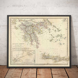 Alte Karte von Griechenland, 1829, von SDUK - Kreta, Ägäis, Athen, Arkadien, Attika, Kykladen, Zakynthos 