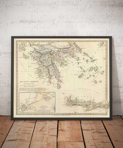 Old Map of Ancient Greece, 1829, by SDUK - Crete, Aegean, Athens, Arcadia, Attica, Cyclades, Zakynthos