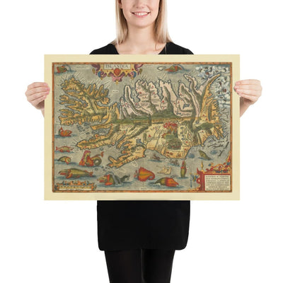 Rare Old Map of Iceland by Ortelius, 1603 - Reykjavik, Keflavik, Volcanoes, Mountains, Fjords, Glaciers, Sea Monsters
