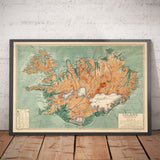 Ancienne carte d'Islande de Samuel Eggertson, 1928 - Reykjavik, Keflavik, Geysir, Gulfoss, Volcans, Glaciers