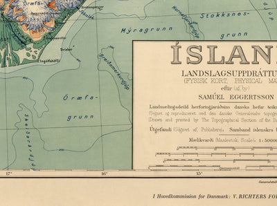 Old Map of Iceland by Samuel Eggertsson, 1928 - Reykjavik, Keflavik, Geysir, Gulfoss, Volcanoes, Glaciers