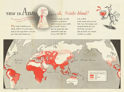 Old World Map by Dr. Seuss, 1943 - US Army Malaria Wall Chart from World War 2