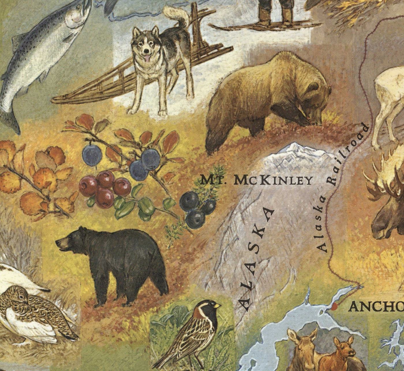 Old Map of Alaska by WD Berry, 1967 - Eskimos, Inuits & Animals - Anchorage, Yukon, Denali/McKinley