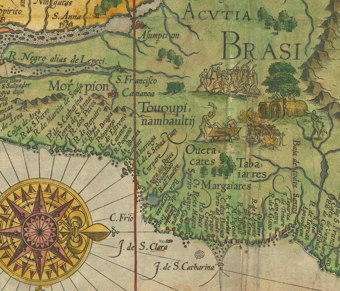 Old Map of South America by Linschoten, 1596 - Brazil, Peru, Chile, Caribbean, Florida, Spanish & Portuguese Colonies