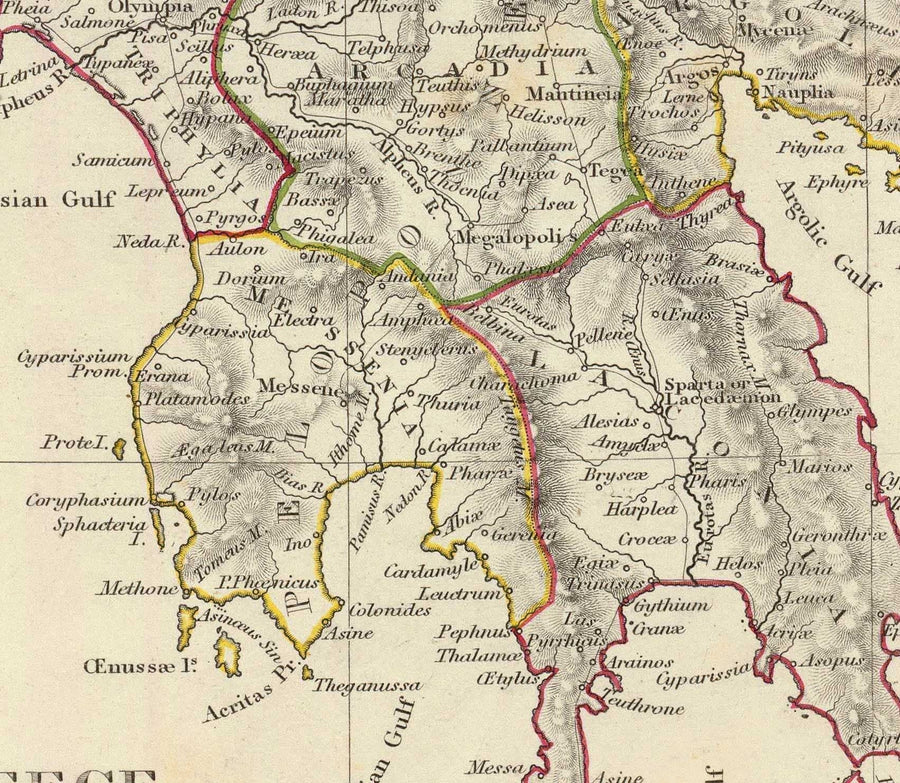 Mappa antica della Grecia, 1829, di SDUK - Creta, Egeo, Atene, Arcadia, Attica, Cicladi, Zante 