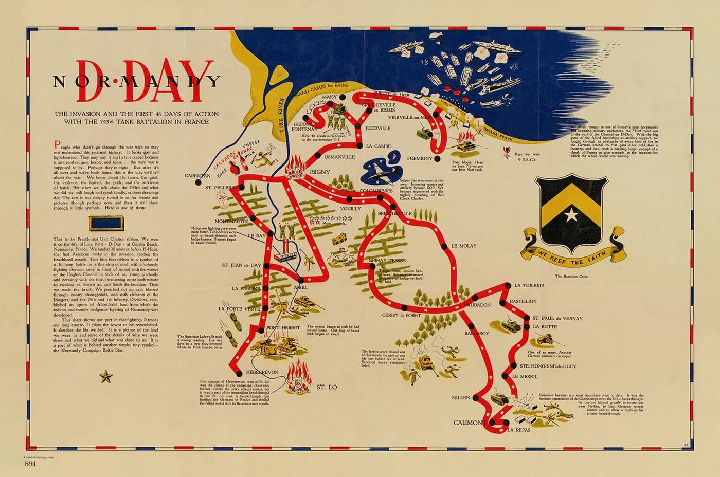 Old Map of D Day Landings in Normandy, 1944 - 743rd Tank Battalion in Northern France - US Army World War 2