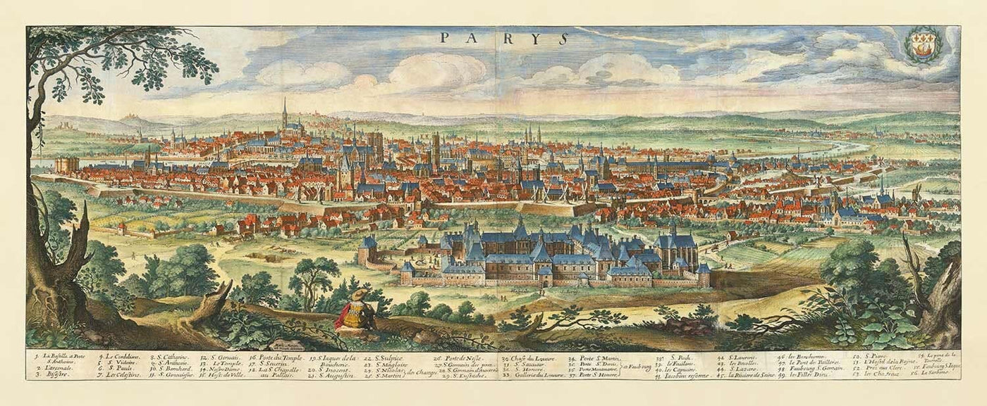 Rare Old Map of Paris, France by Matthaus Merian in 1648 - Notre Dame, Sainte-Chapelle, Hospital St Louis, Bastille
