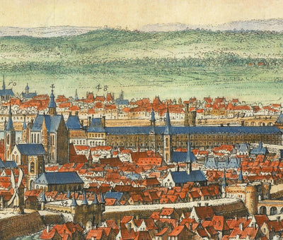 Rare Old Map of Paris, France by Matthaus Merian in 1648 - Notre Dame, Sainte-Chapelle, Hospital St Louis, Bastille