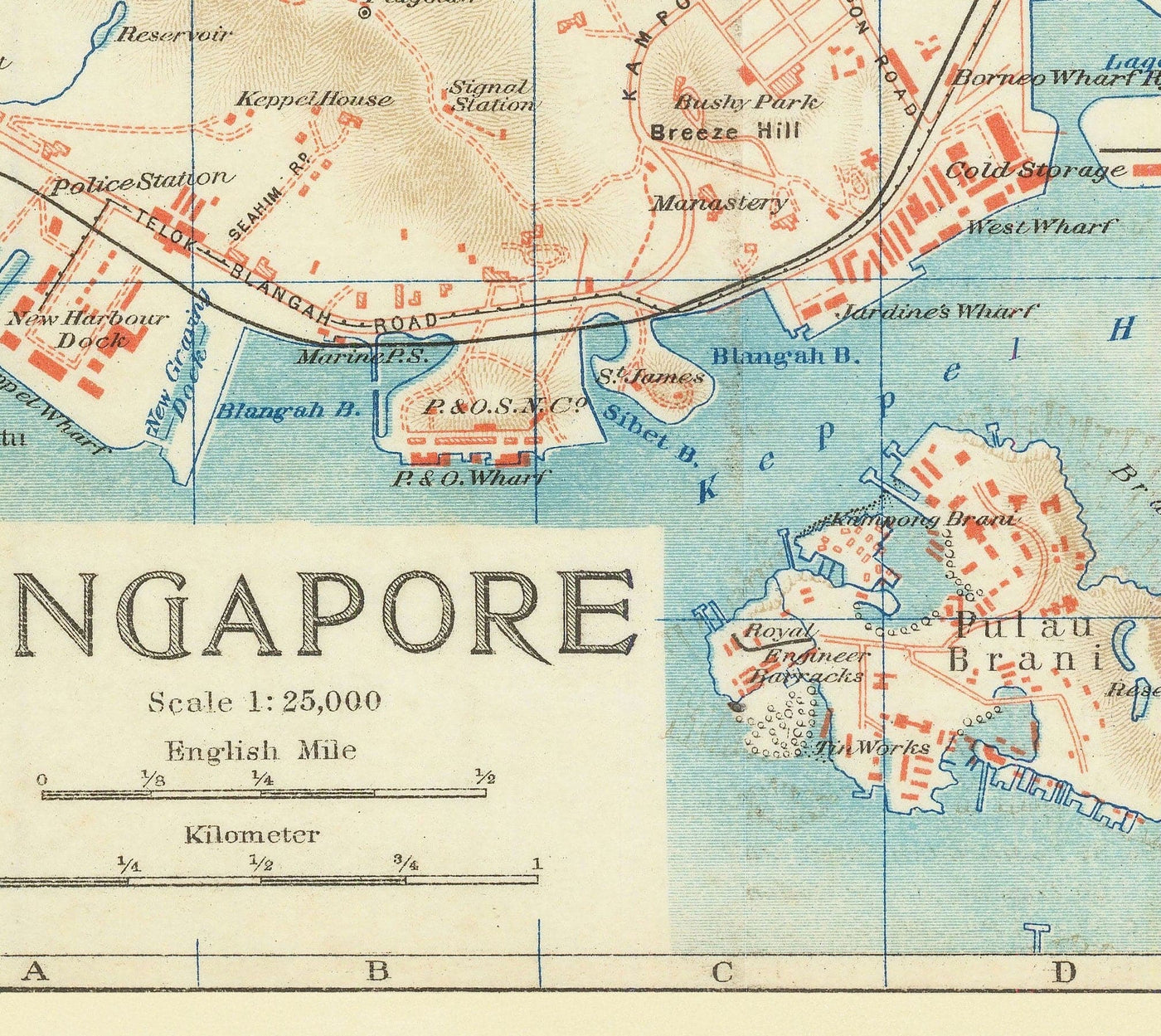 Rare Old Map of Singapore, 1917 - British Empire Colony, Pulau Ujong, Botanic Gardens, Marina, Bay