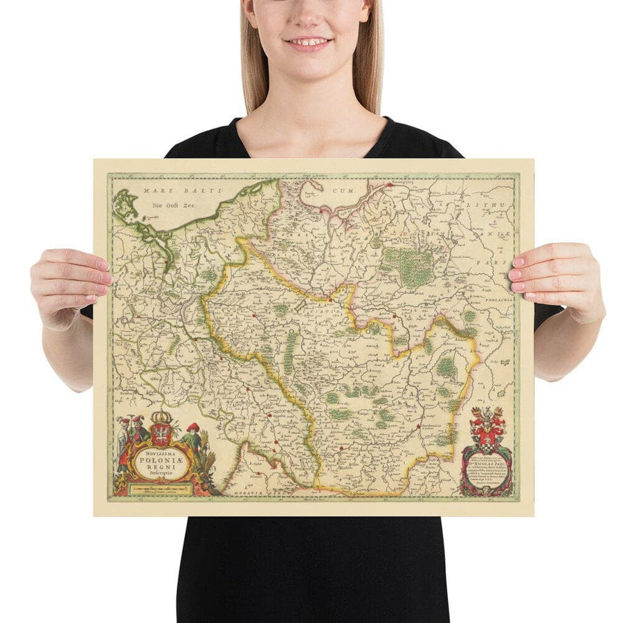 Vecchia mappa della Polonia di Jan Jansson, 1640 - Germania, Prussia, Lituania, Slesia, Lusazia, Varsavia, Berlino, Cracovia 