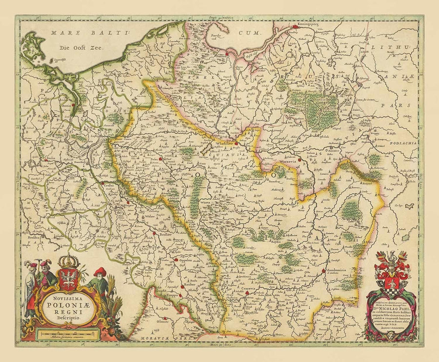 Vecchia mappa della Polonia di Jan Jansson, 1640 - Germania, Prussia, Lituania, Slesia, Lusazia, Varsavia, Berlino, Cracovia 