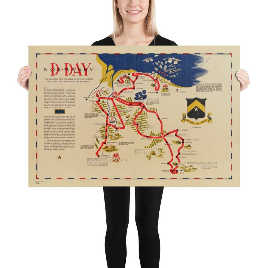 Ancienne Carte de Day Darkings en Normandie, 1944 - 743ème bataillon de réservoir dans le nord de la France - US Army World War 2