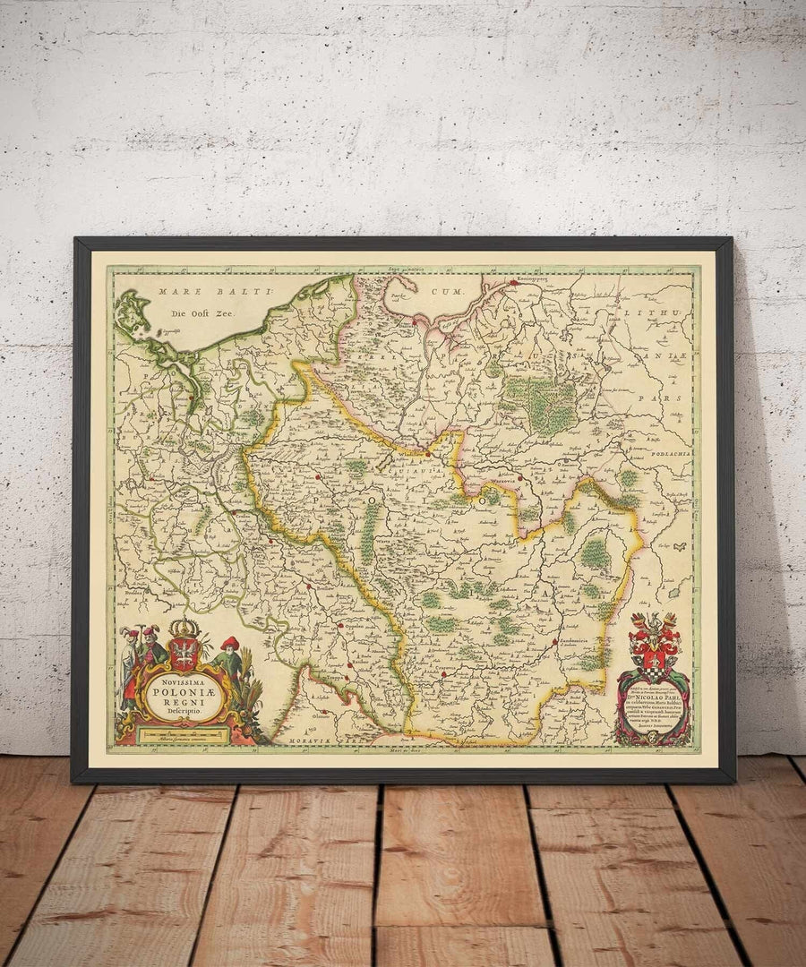 Vecchia mappa della Polonia di Jan Jansson, 1640 - Germania, Prussia, Lituania, Slesia, Lusazia, Varsavia, Berlino, Cracovia 