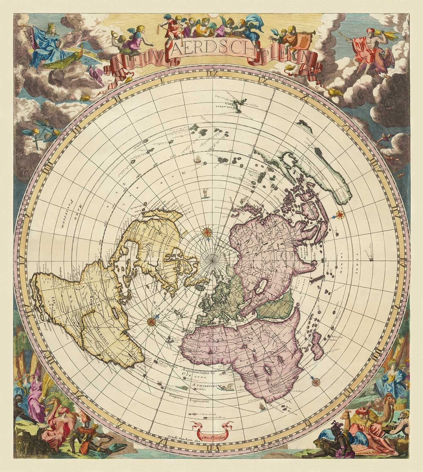 Old Flat Earth World Map, 1696 by Jacob Harrewyn - California Island, Cherubs - Polar Azimuthal Projection