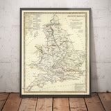 Ancienne carte de la Grande-Bretagne, 1834 - Britannia romaine et routes, tribus celtes, Silures, Dobunni, Parisi, Trinovantes, Regni 