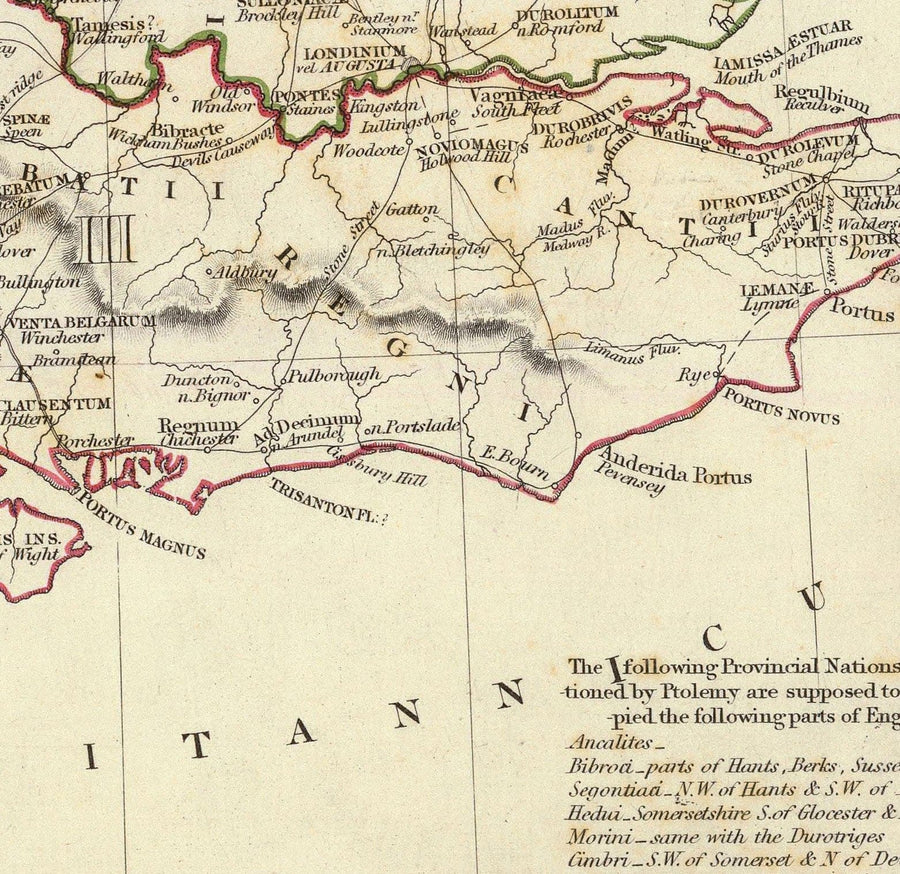 Mappa antica della Britannia, 1834 - Britannia Romana e Strade, Tribù Celtiche, Siluri, Dobunni, Parisi, Trinovanti, Regni 