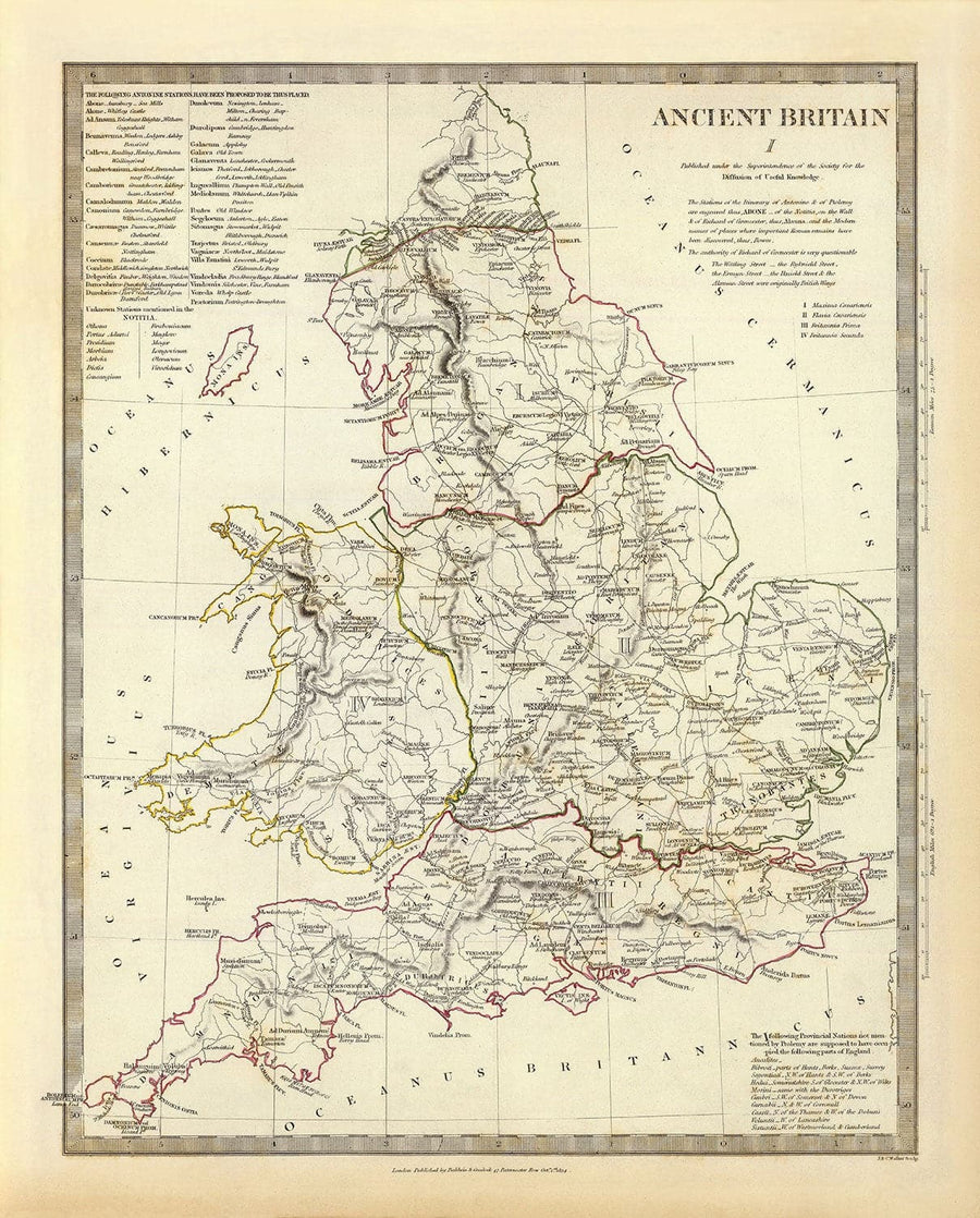 Mappa antica della Britannia, 1834 - Britannia Romana e Strade, Tribù Celtiche, Siluri, Dobunni, Parisi, Trinovanti, Regni 
