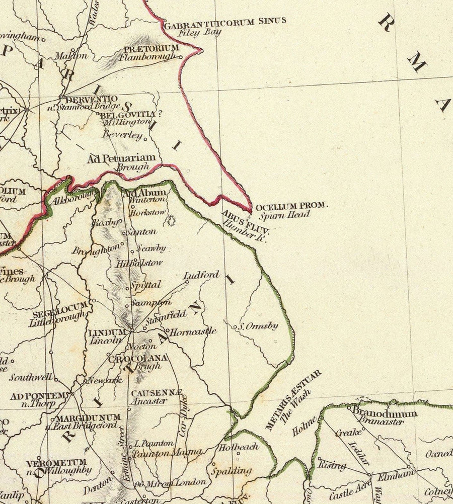 Mappa antica della Britannia, 1834 - Britannia Romana e Strade, Tribù Celtiche, Siluri, Dobunni, Parisi, Trinovanti, Regni 