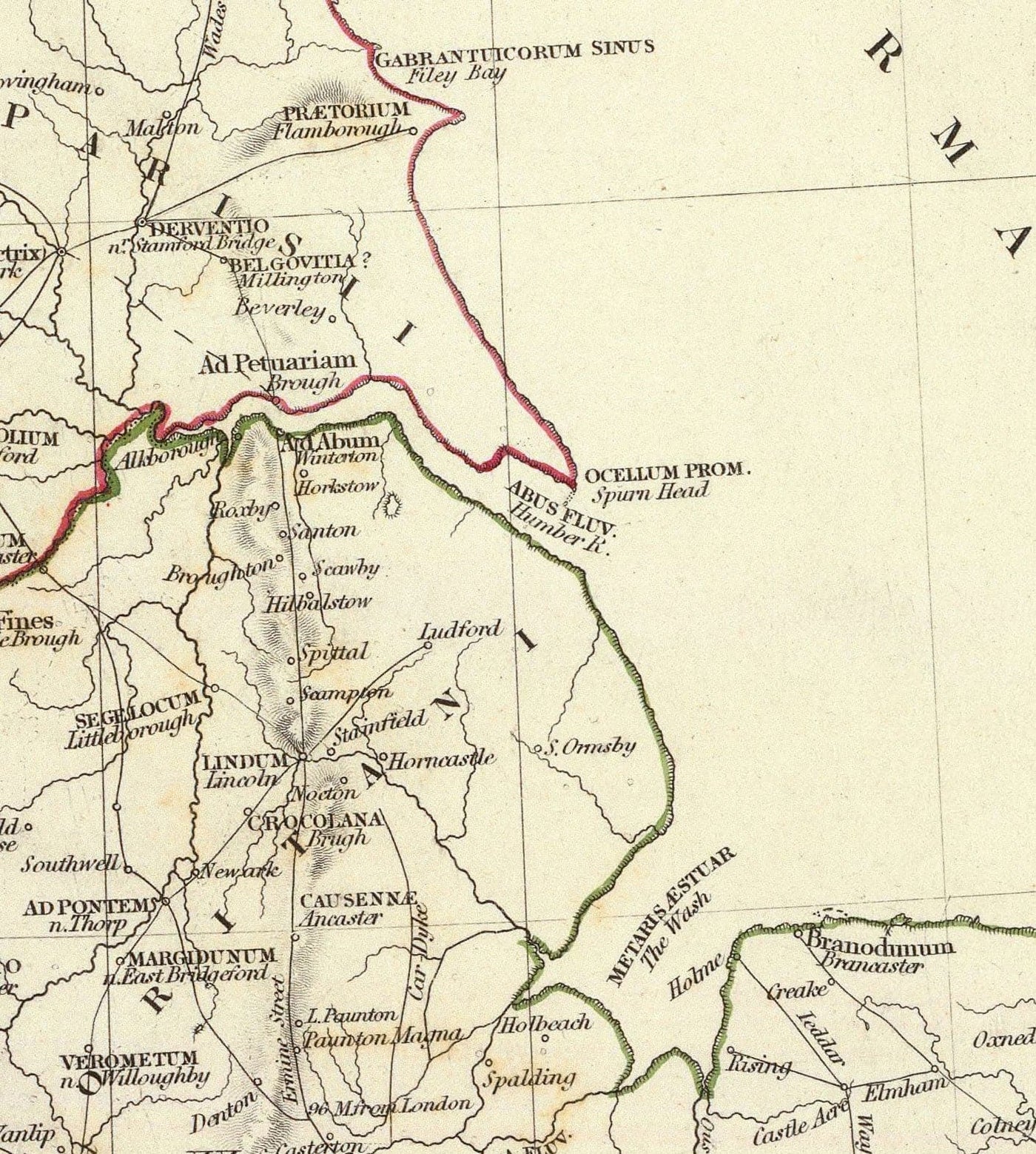 Old Map of Ancient Britain, 1834 - Roman Britannia & Roads, Celtic Tribes, Silures, Dobunni, Parisi, Trinovantes, Regni