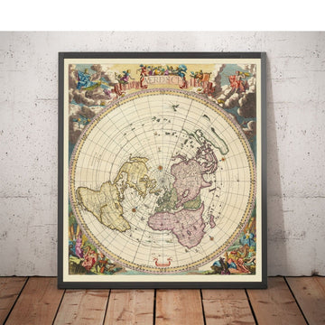 Old Flat Earth World Map, 1696 by Jacob Harrewyn - California Island, Cherubs - Polar Azimuthal Projection