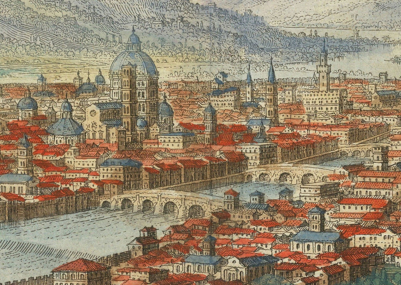 Old Birdseye Map of Florence, Italy, 1640 by Matthaus Merian - Firenze, Duomo, Arno River, Ponte Vecchio, Uffizi
