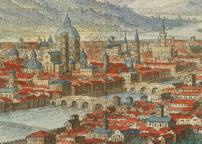 Old Birdseye Map of Florence, Italy, 1640 by Matthaus Merian - Firenze, Duomo, Arno River, Ponte Vecchio, Uffizi