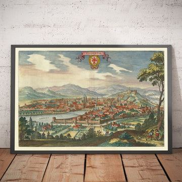 Antica mappa Birdseye di Firenze, Italia, 1640 di Matthaus Merian - Firenze, Duomo, fiume Arno, Ponte Vecchio, Uffizi 