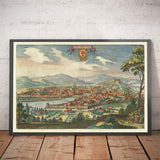 Old Birdseye Map of Florence, Italy, 1640 by Matthaus Merian - Firenze, Duomo, Arno River, Ponte Vecchio, Uffizi