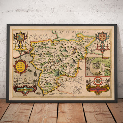Old Map of Merionethshire, Wales in 1611 by John Speed - Dolgellau, Aberdyfi, Bala, Barmouth, Harlech, Snowdonia