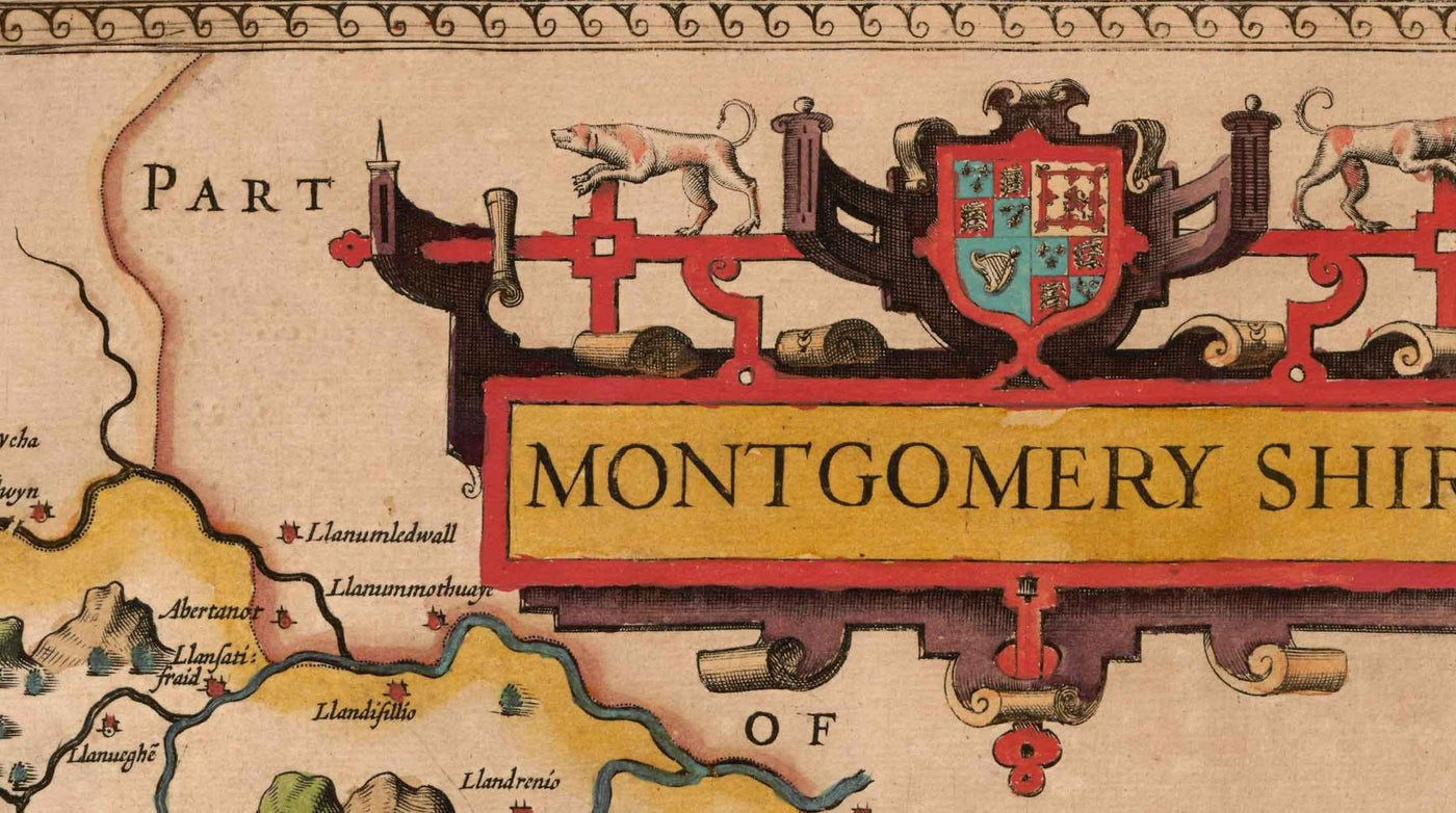 Old Map of Montgomeryshire, Wales, 1611 by John Speed - Powys, Maldwyn, Montgomery, Newtown, Welshpool, Llanidloes