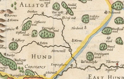Old Map of Rutland, 1611 by John Speed - Rutlandshire, Oakham, Edith Weston, Uppingham, Ketton, Stretton
