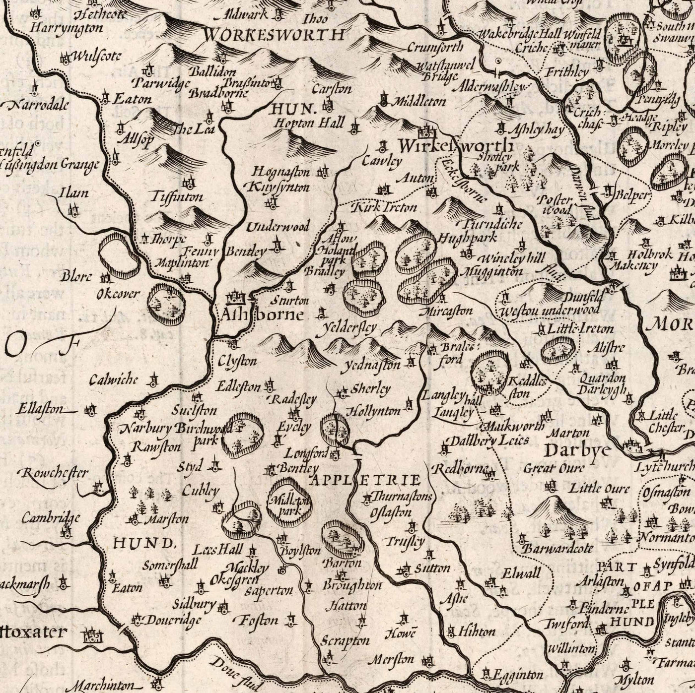 Old Monochrome Map of Derbyshire, 1611 by John Speed - Derby, Chesterfield, Buxton, Peak District