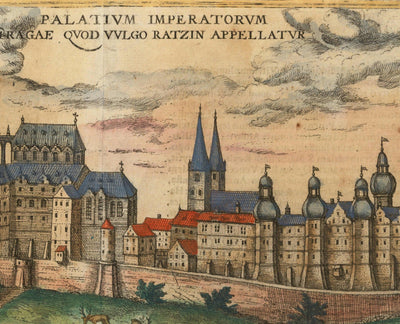 Old Map of Prague, Czechia by Georg Braun, 1572 - Bohemia, Castle, Vltava, Týn Teyn Church, Old Town, Mala Strana