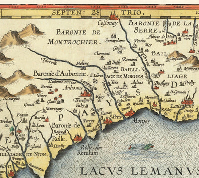 Old Map of Lake Geneva by Abraham Ortelius, 1573 - Lausanne, Montreux, Thonon-les-Bains, Evian, Nyon, Morges