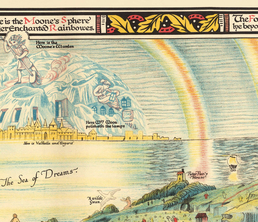 Mappa antica di Fairyland, 1918 di Bernard Sleigh - Arts & Crafts, Fate europee, Miti greci, Artù, Draghi, Valhalla 