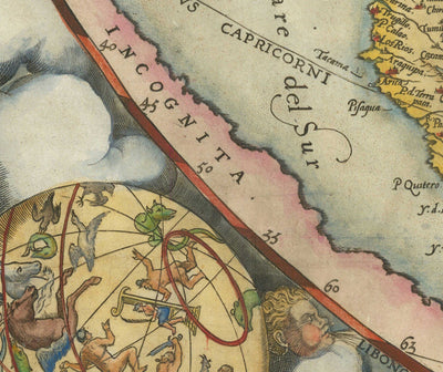Very Old World Map, 1571 by Gerard De Jode - Cordiform Projection, Cherubs, Antarctica, Atlas, Early Colonialism
