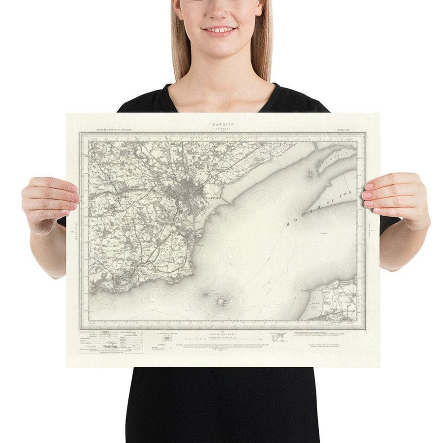 Mappa antica di Cardiff, Galles nel 1867 - Caerdydd, Penarth, Sully, Barry, Llandaff, Castello, Sobborgo, Foce del Severn 