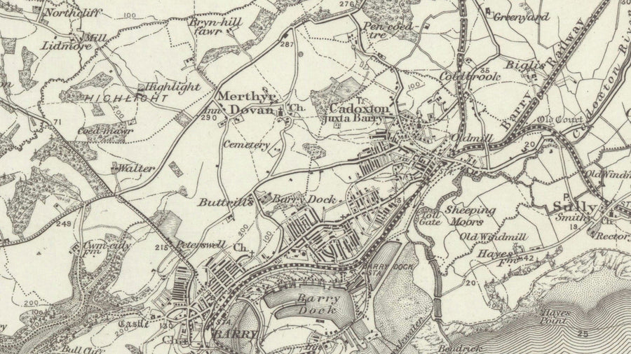 Mappa antica di Cardiff, Galles nel 1867 - Caerdydd, Penarth, Sully, Barry, Llandaff, Castello, Sobborgo, Foce del Severn 