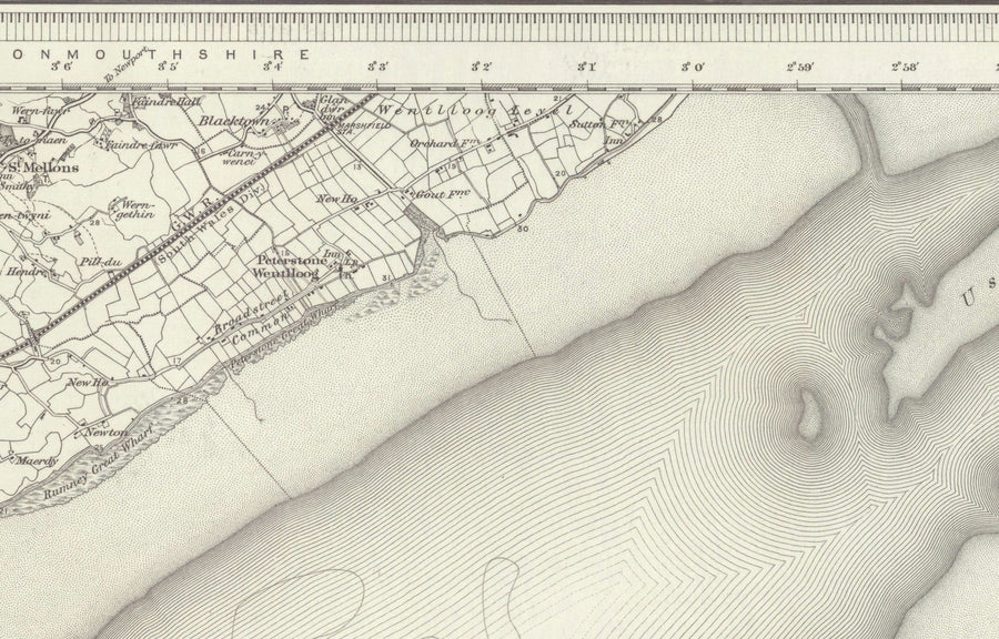 Mappa antica di Cardiff, Galles nel 1867 - Caerdydd, Penarth, Sully, Barry, Llandaff, Castello, Sobborgo, Foce del Severn 