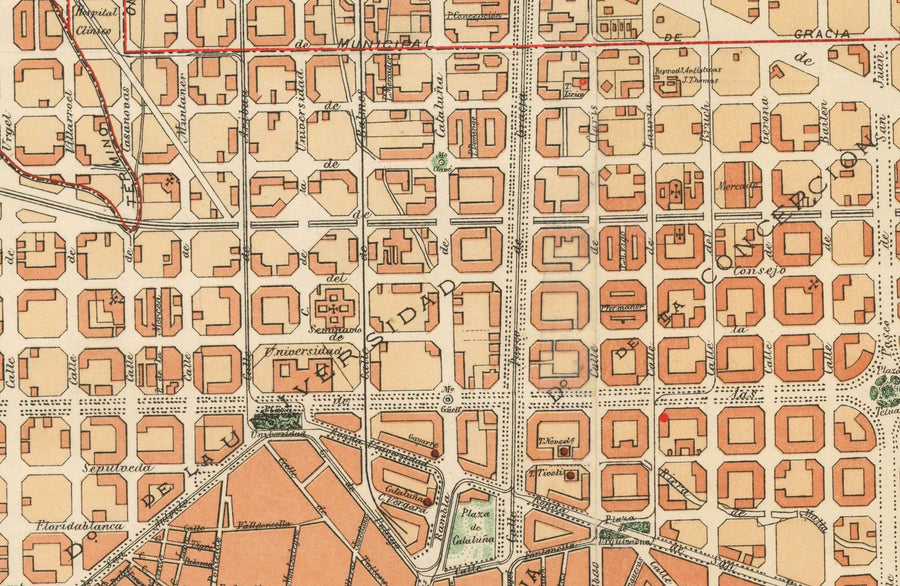 Mappa antica di Barcellona, 1891 di DJM Serra - Sagrada Famíli, Quartiere Gotico, Cattedrali, Parchi, Las Ramblas, Strade 