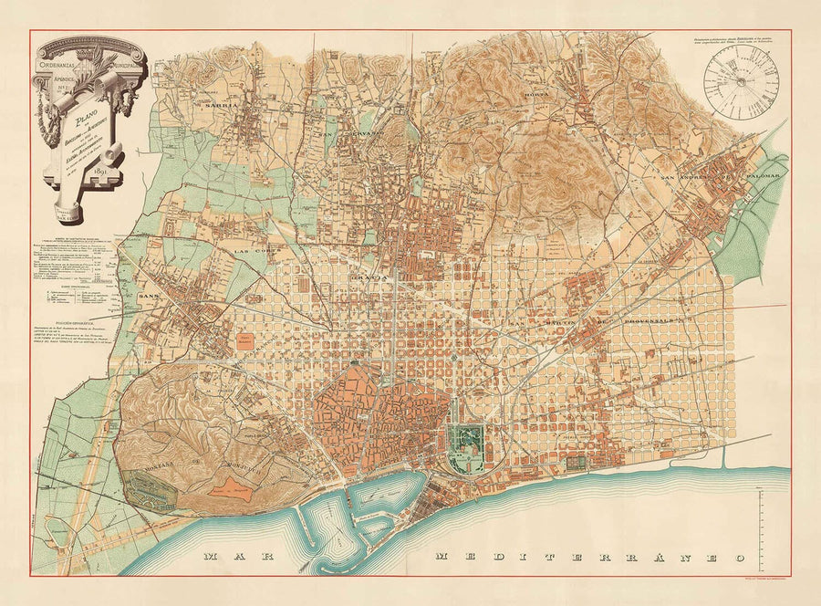 Mappa antica di Barcellona, 1891 di DJM Serra - Sagrada Famíli, Quartiere Gotico, Cattedrali, Parchi, Las Ramblas, Strade 